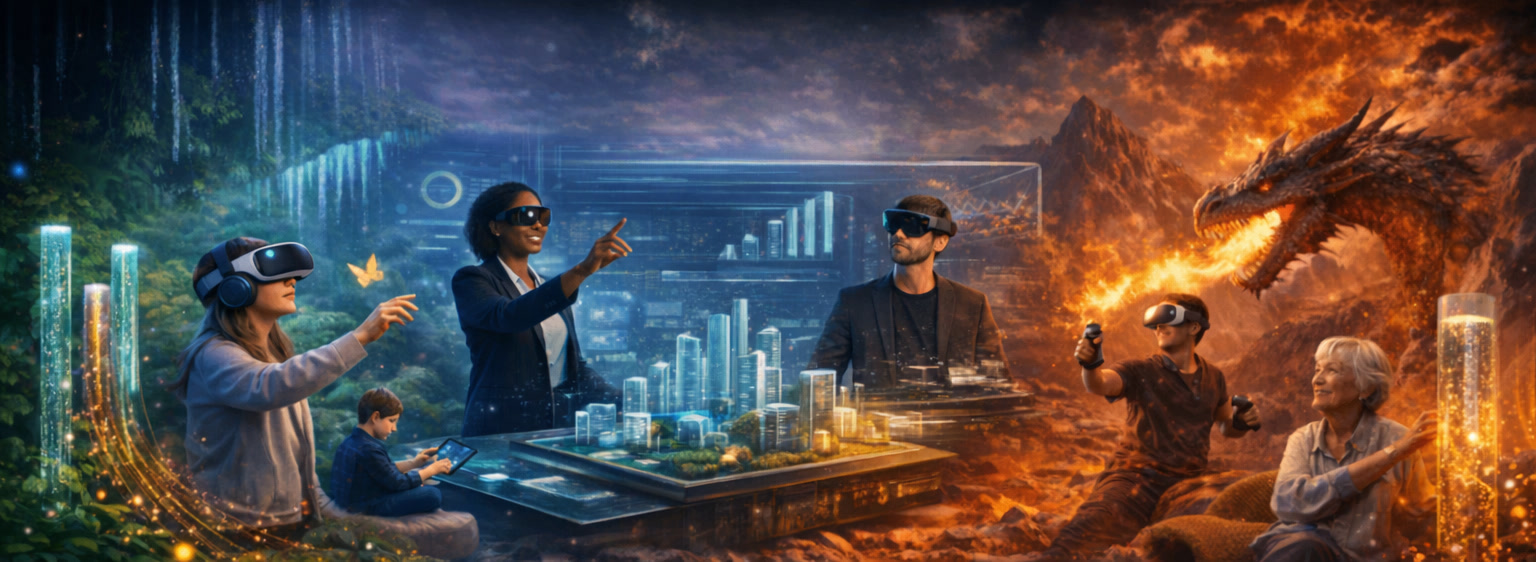 People using VR headsets and immersive displays across forest, city-planning and dragon fantasy scenes